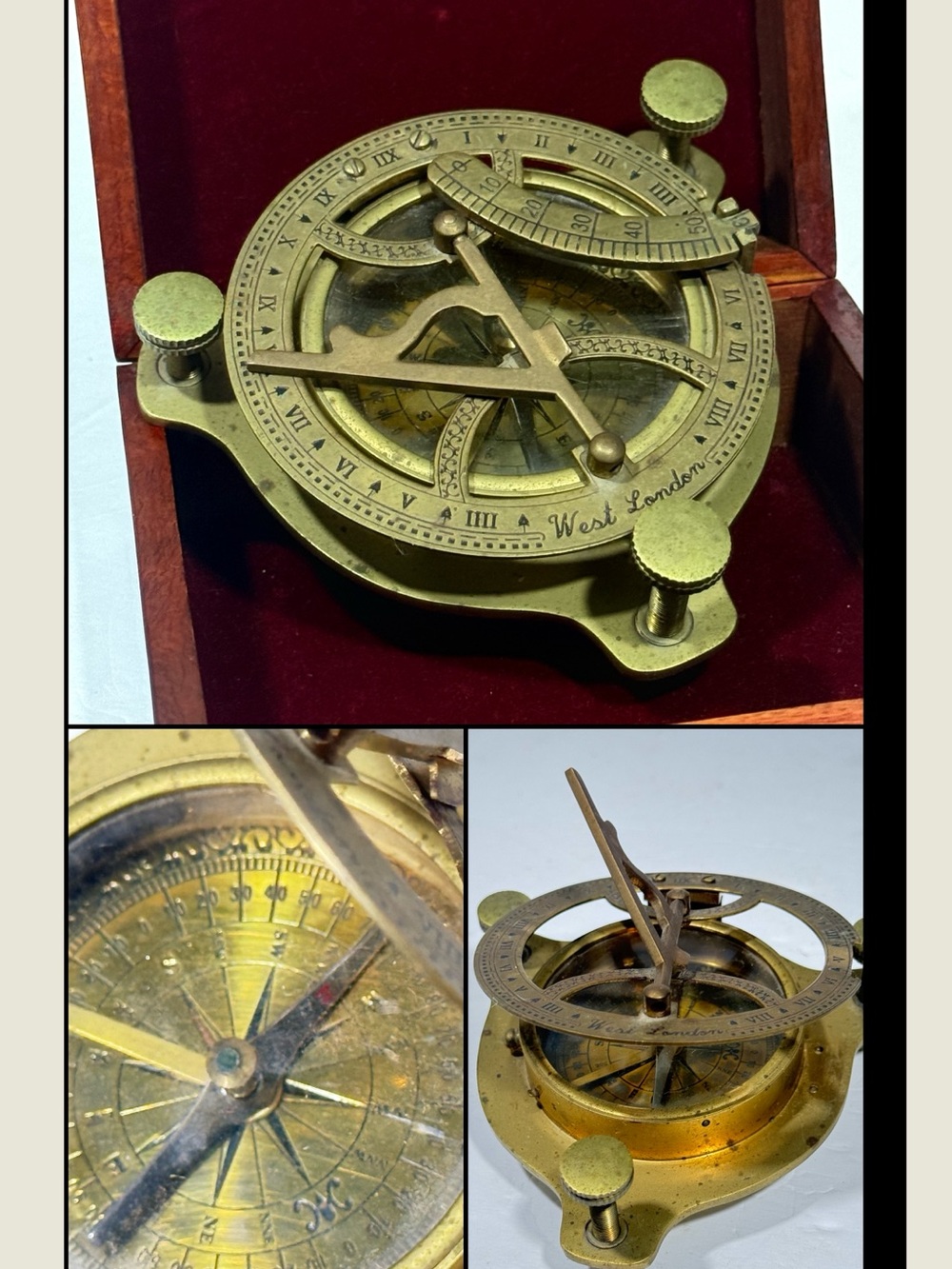 Vintage Brass Sundial Compass in Wood Accessory Box Desktop Decor Collectible